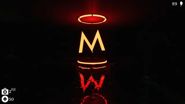 Project Lunky screenshot: a glowing letter M hangs between red rings of light in a black room