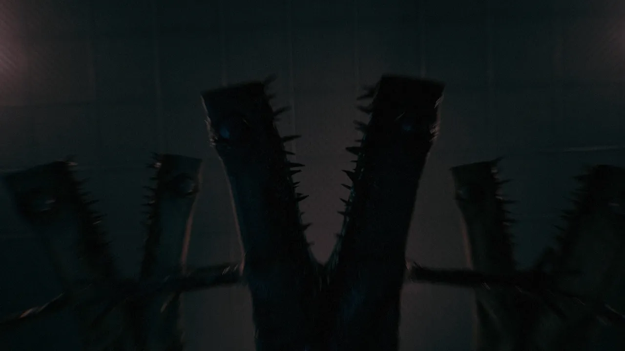 Project Lunky screenshot: several long-necked creatures with split, spined heads rise in a dim tiled room
