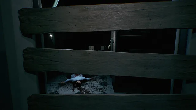 Project Lunky screenshot: a bloodied body lies on the floor seen through gaps in boarded-up planks
