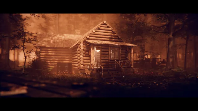 Project Songbird screenshot: a log cabin in a warm-lit, misty forest