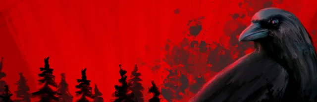 Project Songbird key art: a black crow against a blood-red sky over dark pine trees