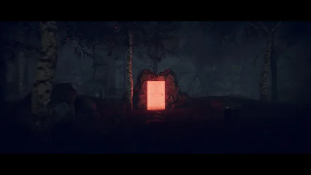 Project Songbird screenshot: a glowing red door standing alone among dark trees