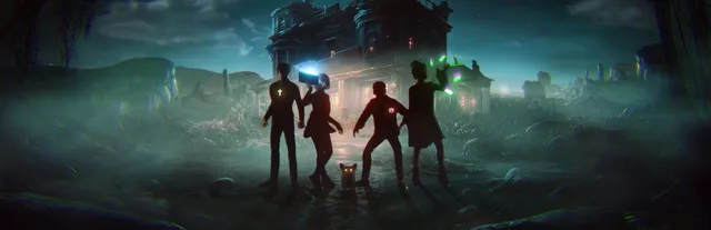 Project Unknown key art: four exorcists in silhouette with glowing tools and a small dog walk toward a mansion in green fog