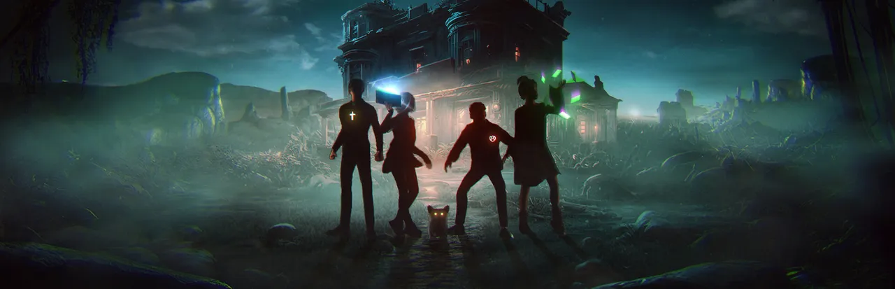 Project Unknown key art: four exorcists in silhouette with glowing tools and a small dog walk toward a mansion in green fog