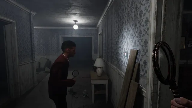 A teammate holding a magnifying glass walks down a wallpapered corridor lit by one ceiling lamp