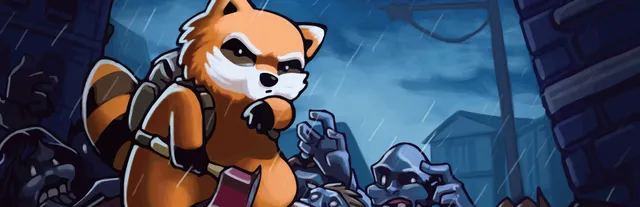 Project Zomboid art: Spiffo, the game's raccoon mascot, holds an axe in the rain with zombies reaching up behind him