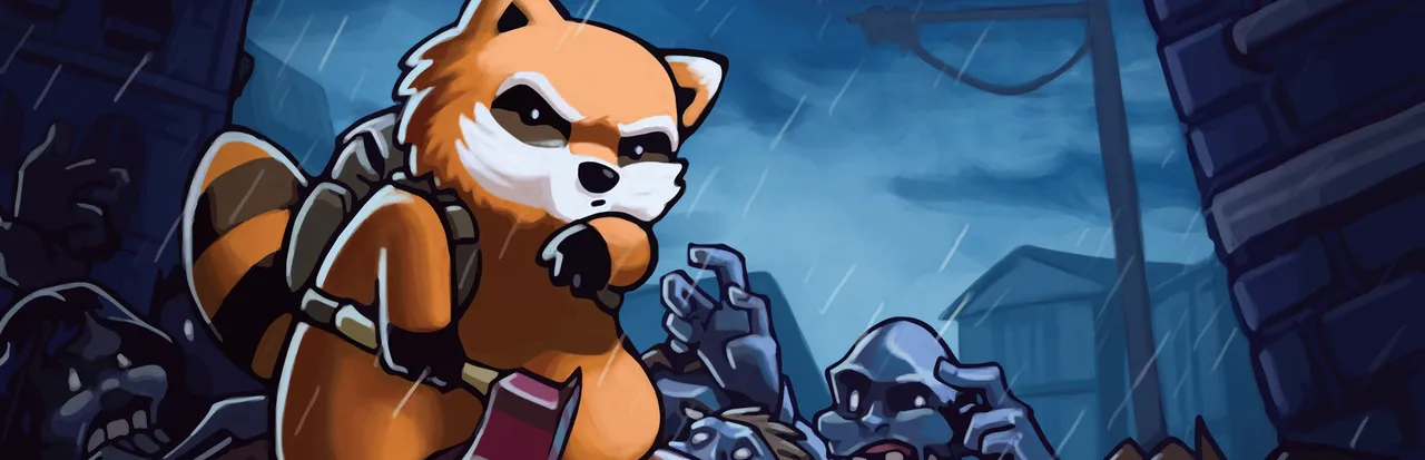 Project Zomboid art: Spiffo, the game's raccoon mascot, holds an axe in the rain with zombies reaching up behind him