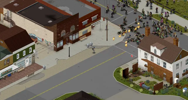 Project Zomboid screenshot: a huge crowd of zombies fills a town crossroads, some burning, beside a brick house