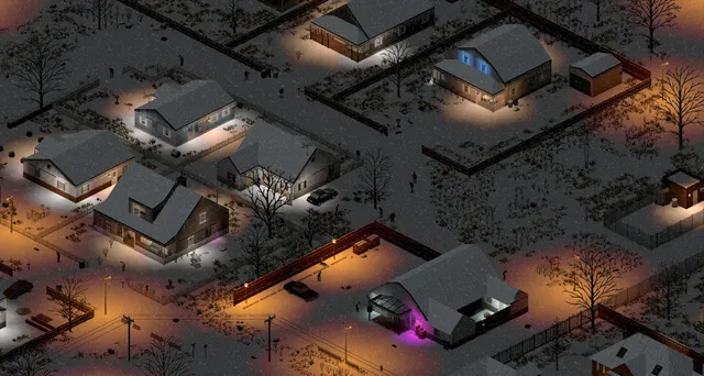 Project Zomboid screenshot: a snowy suburb at night, a few lit houses among dark yards