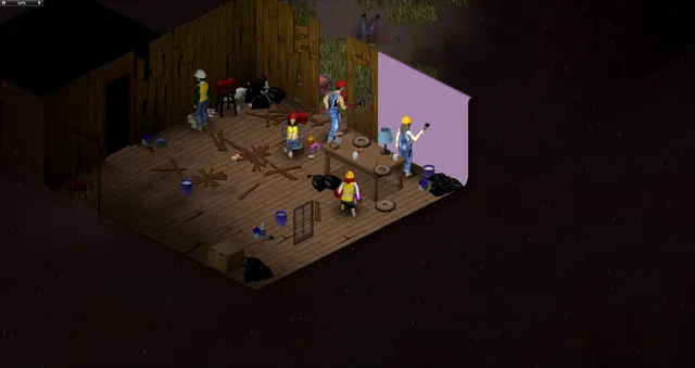 Project Zomboid screenshot: survivors in hard hats work inside a dark wooden cabin