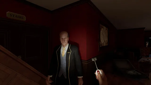 Propagation: Paradise Hotel screenshot: an elderly hotel porter faces you on the stairs as you hold up a key
