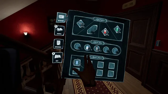 Propagation: Paradise Hotel screenshot: the inventory panel with equipment, waist bag and quest items in a red hotel stairwell