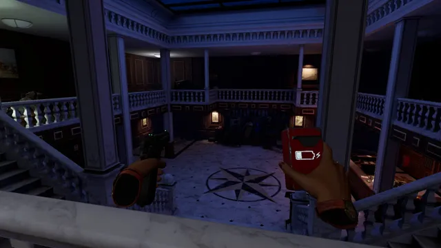 Propagation: Paradise Hotel screenshot: holding a pistol and a battery pack above the hotel's marble lobby with a compass floor