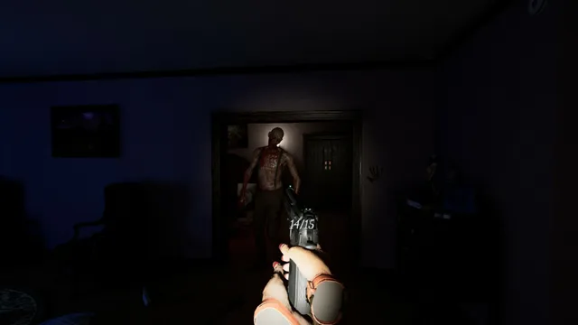 Propagation: Paradise Hotel screenshot: aiming a pistol at a bloodied infected man standing in a dark hotel doorway