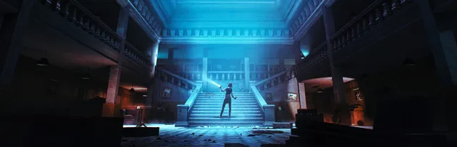 Propagation: Paradise Hotel key art: Emily with a flashlight on the grand staircase of a dark hotel lobby lit blue from above