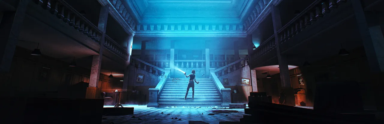 Propagation: Paradise Hotel key art: Emily with a flashlight on the grand staircase of a dark hotel lobby lit blue from above