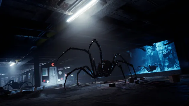 Propagation VR screenshot: an enormous spider stands on the subway platform in front of a stopped train