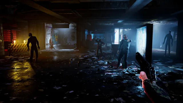 Propagation VR screenshot: holding a handgun as zombies approach across a dark, littered subway station