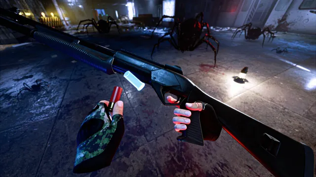 Propagation VR screenshot: loading a shotgun shell by hand while giant spiders crawl over the station floor