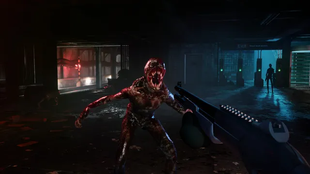 Propagation VR screenshot: a skinless mutant with a gaping mouth lunges toward your shotgun in the subway