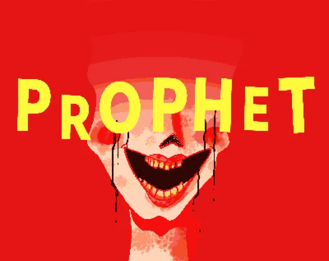 PROPHET cover: a pale face with a huge red grin and bleeding eyes on a red background, under the yellow title