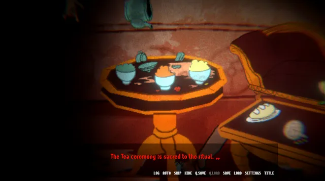 PROPHET screenshot: a small table set with bowls for the tea ceremony, which the text calls sacred to the ritual
