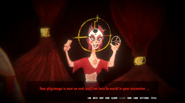 PROPHET screenshot: the Great Prophet in a golden halo between red curtains, saying your pilgrimage is near an end and she is here to assist in your ascension