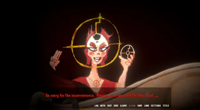 PROPHET screenshot: the Prophet holding up a disc, apologising for the inconvenience and telling you to serve yourself for the ritual
