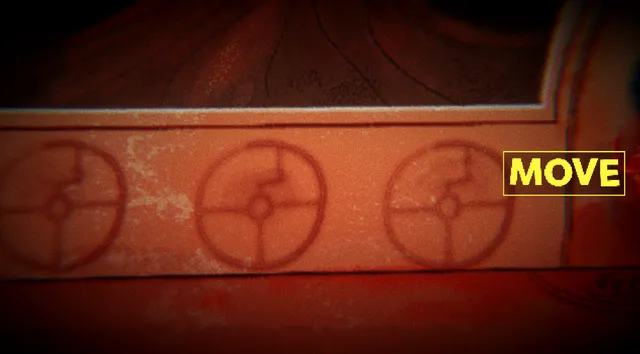 PROPHET screenshot: a carved red wall with three round symbols and a MOVE prompt