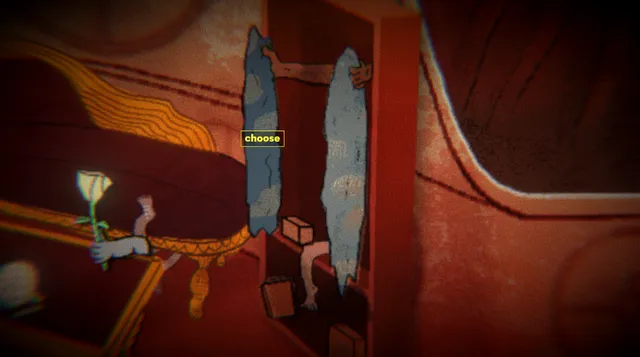 PROPHET screenshot: a red room with a chaise, a white rose and a mirror, with a choose prompt