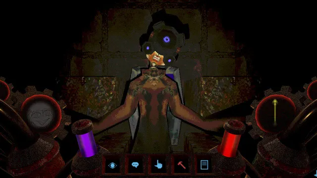 Psychopomp screenshot: a creature with a human face under a dark mechanical head, arms spread, blocking a stone corridor