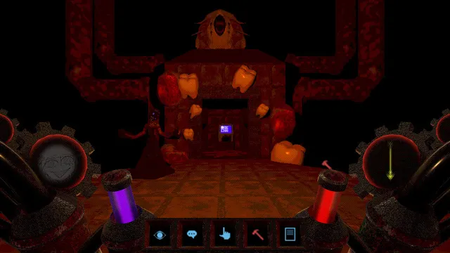 Psychopomp screenshot: a red brick shrine studded with giant teeth and flesh, a robed figure beside it, with the look, talk, touch and hammer bar at the bottom