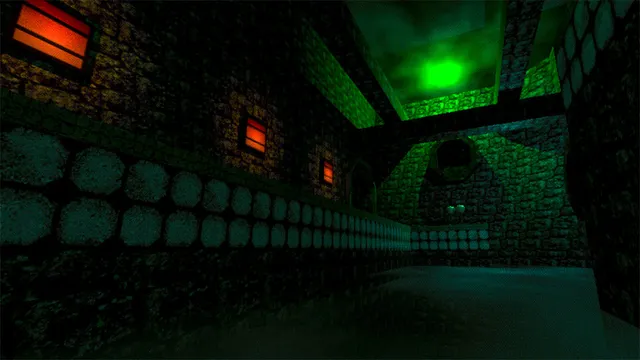 Psychopomp screenshot: a dim low-poly stone courtyard lit by a green sky and orange windows