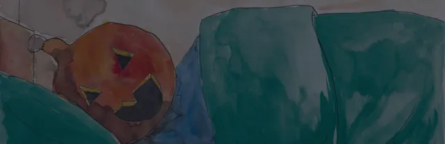 Pumpkin Eater watercolour art: the son's carved jack-o'-lantern head slumped against a dark green sofa
