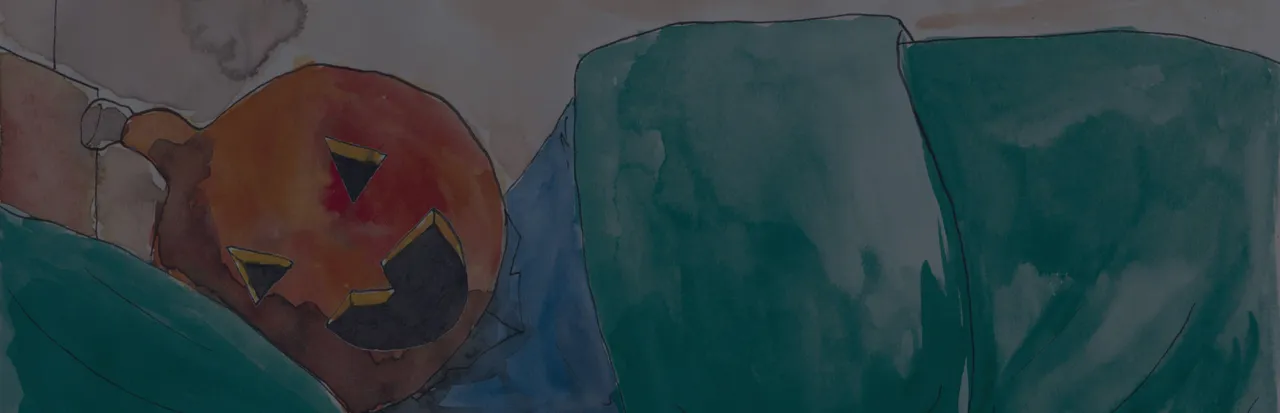 Pumpkin Eater watercolour art: the son's carved jack-o'-lantern head slumped against a dark green sofa
