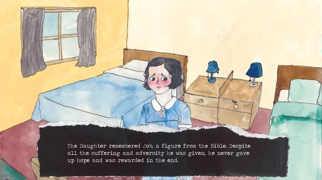 Pumpkin Eater screenshot: the daughter sits alone on a bed in a yellow bedroom while the narration recalls Job from the Bible