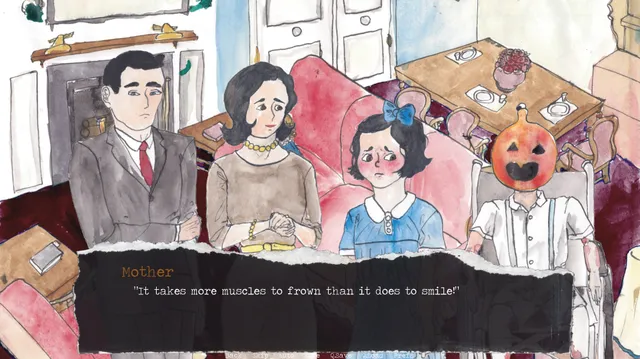 Pumpkin Eater screenshot: father, mother, daughter and the pumpkin-headed son in a wheelchair sit in a painted living room as the mother speaks