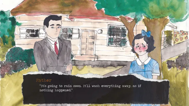 Pumpkin Eater screenshot: the father and daughter stand outside their house as he says the rain will wash everything away