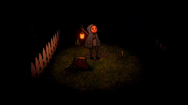 PUMPKIN PANIC: the farmer holds a lantern by a tree stump in a small circle of light surrounded by darkness