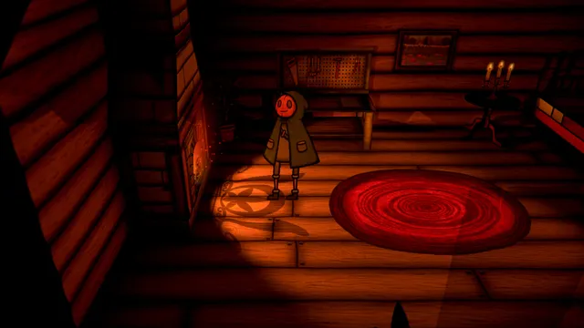 PUMPKIN PANIC: inside the log cabin, the farmer stands by the fire near a red rug in warm light