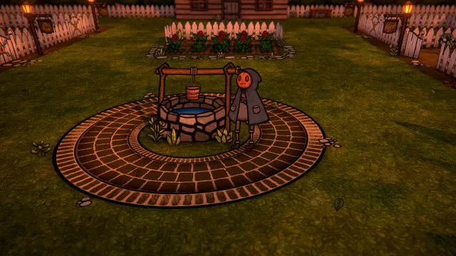 PUMPKIN PANIC: the pumpkin-headed farmer in a hooded coat stands by a stone well on a brick circle in the farmyard at dusk