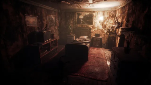 A decaying bedroom in the mansion with an old television, a single bed and peeling walls