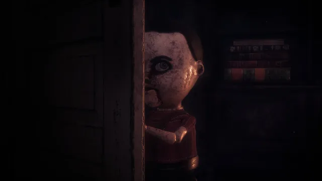 The ventriloquist's puppet, its face cracked and stained, peering round a door in a dark room
