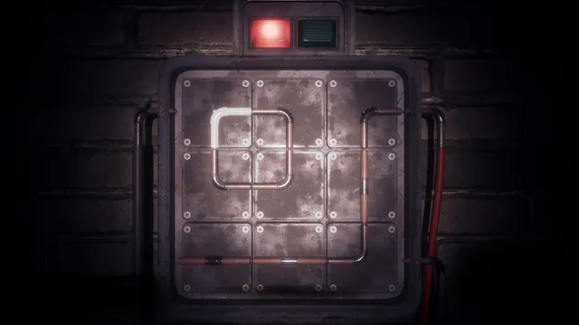 A pipe-connecting puzzle on a metal panel with a red and a green light