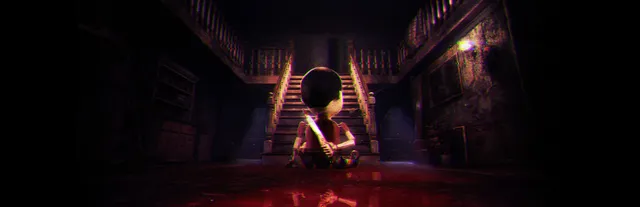 Puppet House key art: the wooden puppet seen from behind, holding a knife, sitting in a pool of blood at the foot of the mansion's staircase