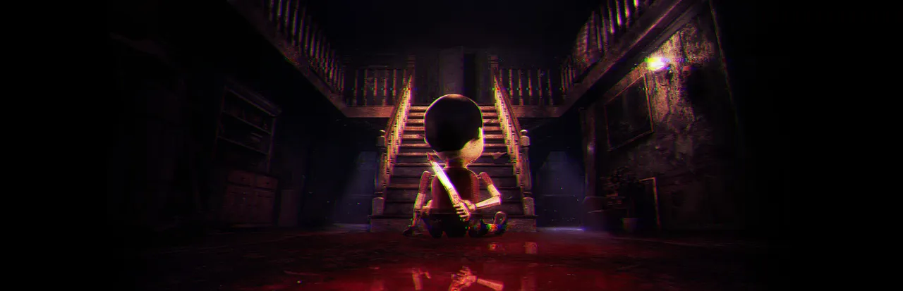 Puppet House key art: the wooden puppet seen from behind, holding a knife, sitting in a pool of blood at the foot of the mansion's staircase