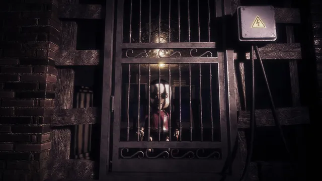 The puppet standing behind a barred iron gate next to an electrical box