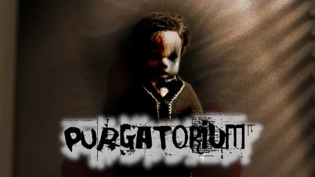 Purgatorium title art: a pale, bloodied child in a dark sweater stands in a shadowed room above the title in scratched black letters