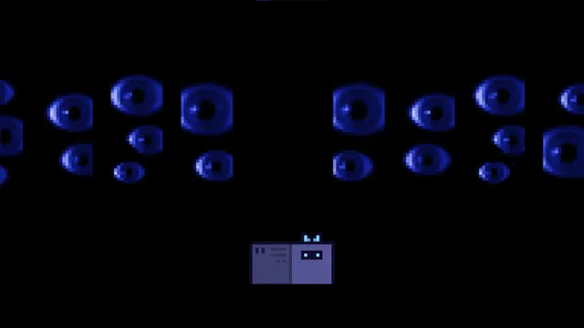 Rows of glowing eyes in the dark above the small figure of the researcher