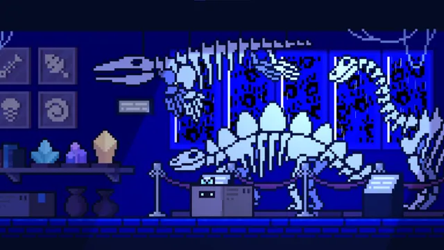 A museum hall with dinosaur skeletons and crystals in blue pixel art